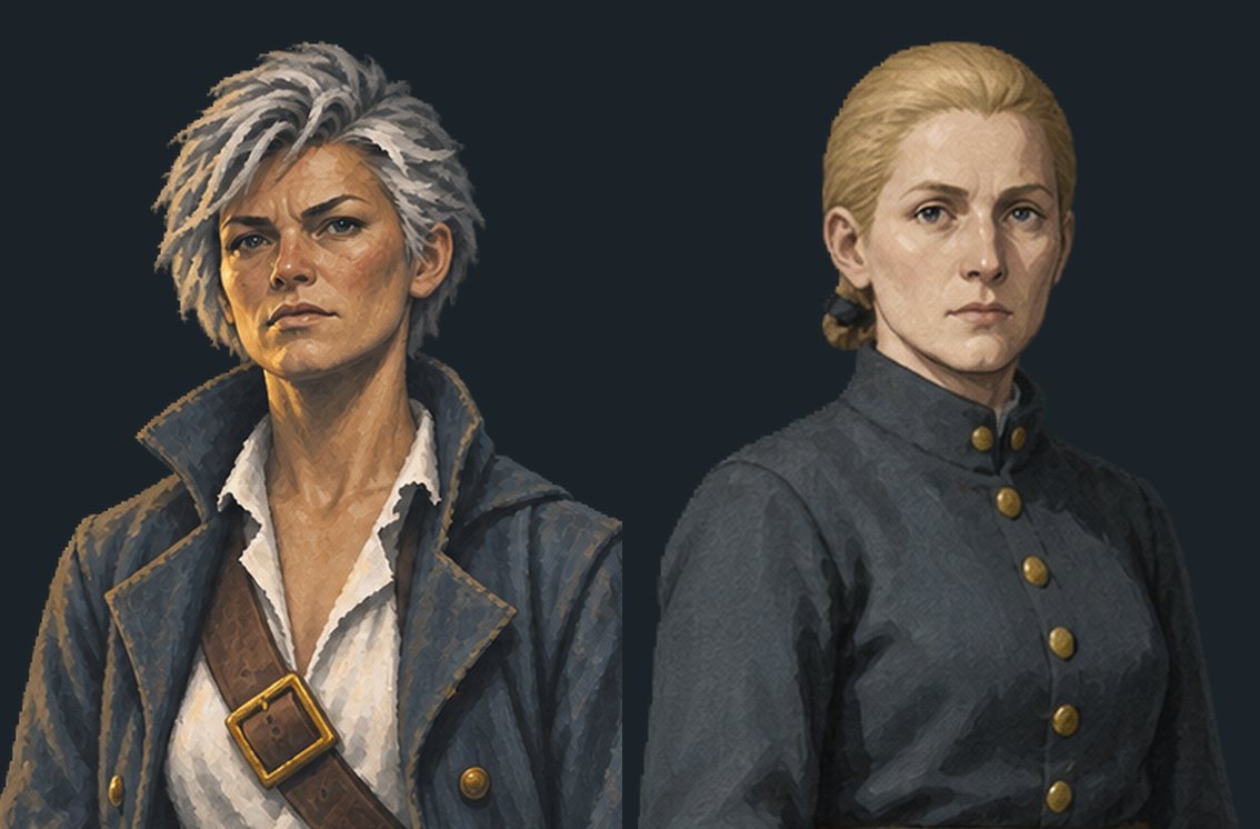 The quartermaster, before and after: silver-grey tousled hair and an open coat with a white collar, beside blonde hair bound flat and a coat buttoned to the throat.