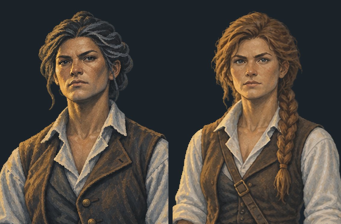 The navigator, before and after: dark hair swept back with a silver streak, beside ginger hair in a thick braid worn forward over one shoulder.
