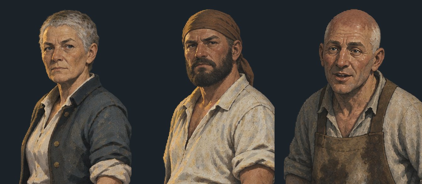 Three new character portraits: an old woman with cropped grey hair, a bearded bosun in a headscarf with bare arms, and a bald cook in a stained apron.
