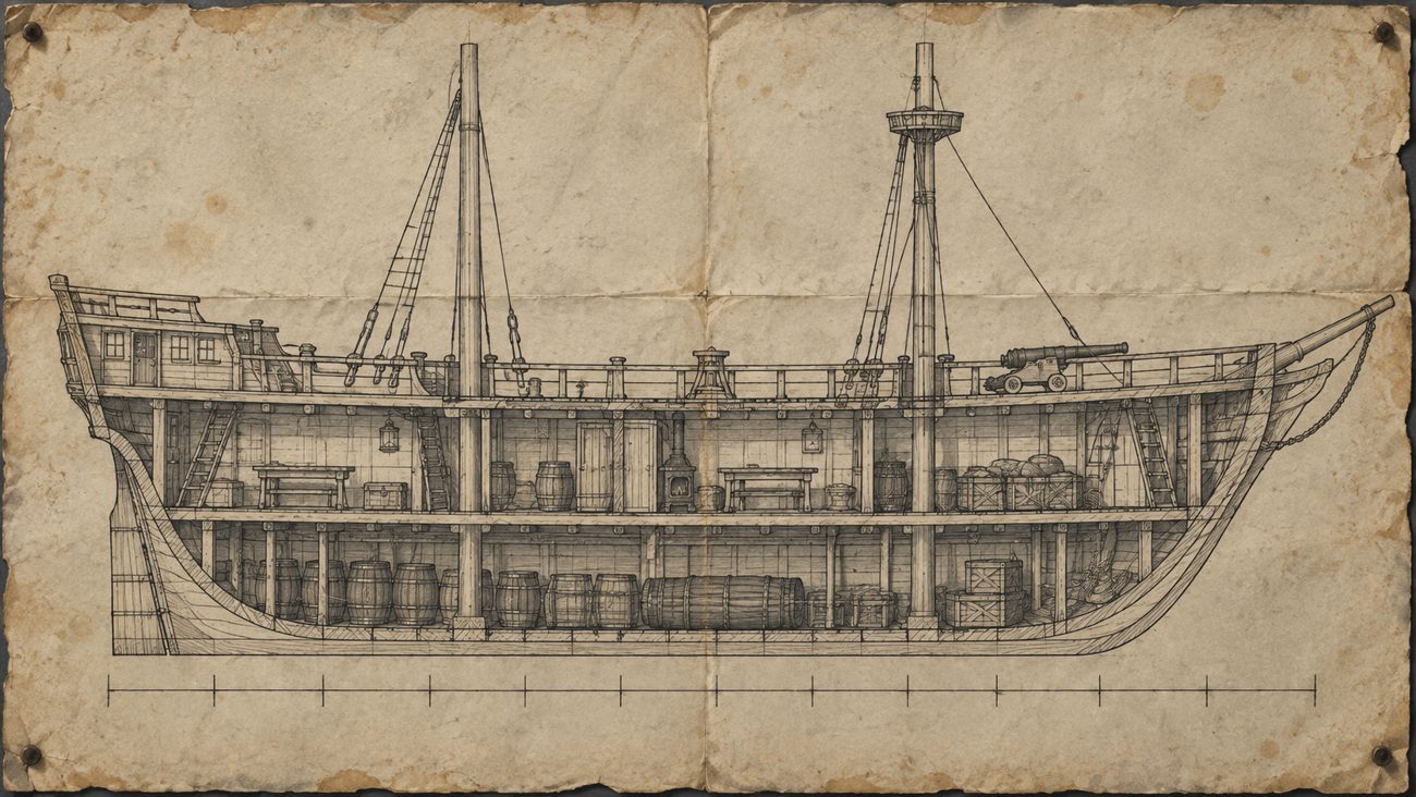 A shipwright's draught of a two-masted brig in ink on old paper, cut lengthwise so every deck is visible: masts and crow's nest above, weather deck, four compartments below it, and one long hold beneath.