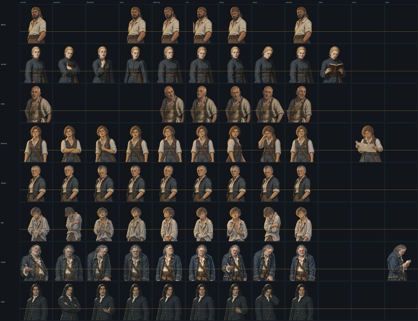 A contact sheet: eight characters as rows, twelve expression states as columns, each cell a full character portrait, with a gold line across each row marking the top of the dialogue box.