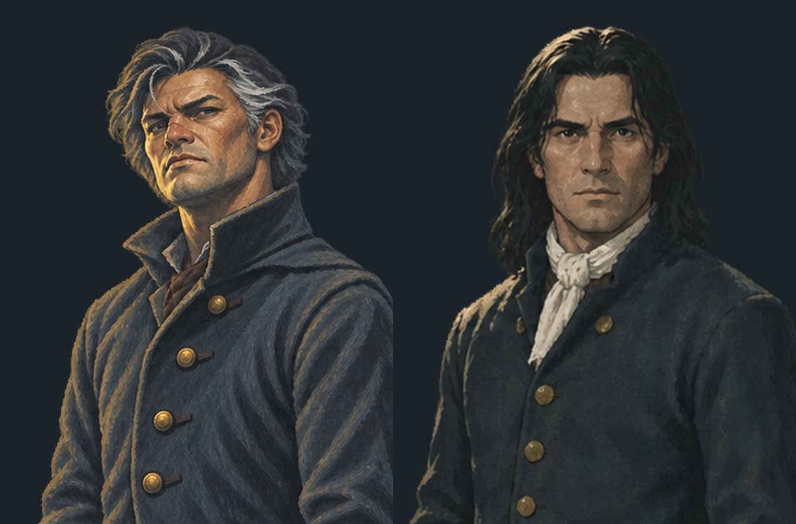 The first mate, before and after: greying swept-back hair, beside jet black loose hair with a white neckcloth at the throat.